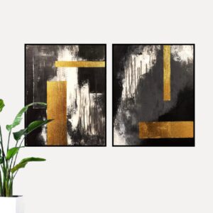 Set of 2 Modern Abstract Gold Black Abstract Paintings