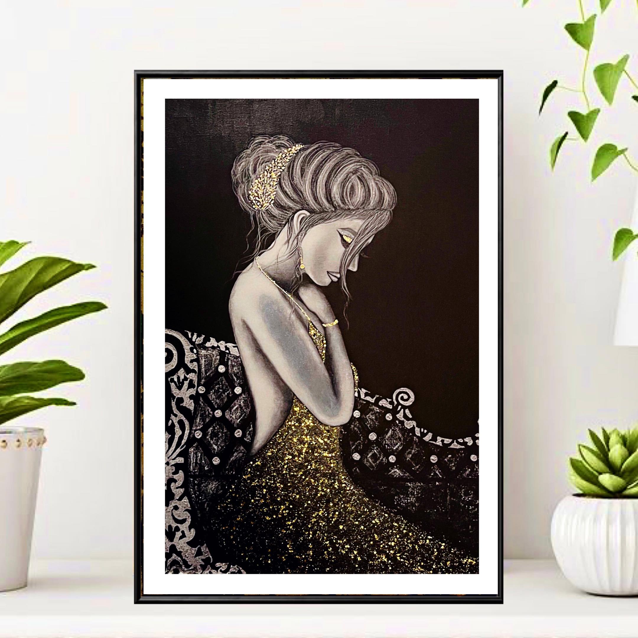 Her Beauty, Hand Embellished with Gold Glitter , A4 size Fine Art Print