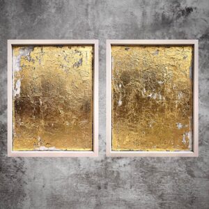 Set of 2 Minimalist Modern Gold and White Abstract Gold Leaf Paintings